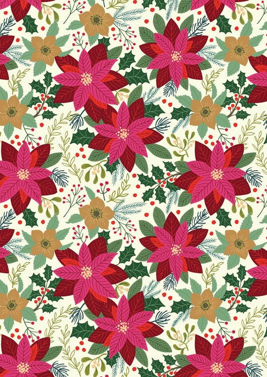 All is Bright Poinsettia on Cream SH30A by Stuart Hillard for Lewis & Irene Fabrics (sold in 25cm increments)