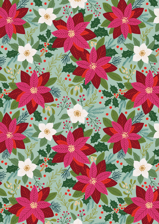 All is Bright Poinsettia on Duck Egg SH30B by Stuart Hillard for Lewis & Irene Fabrics (sold in 25cm increments)