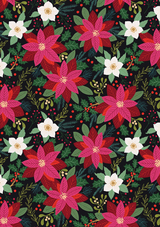 All is Bright Poinsettia on Black SH30C by Stuart Hillard for Lewis & Irene Fabrics (sold in 25cm increments)