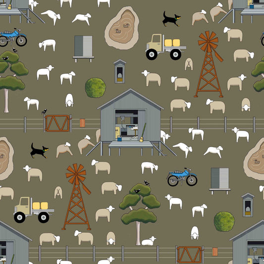 Shearing Time on Chocolate by Red Tractor Designs (sold in 25cm increments)