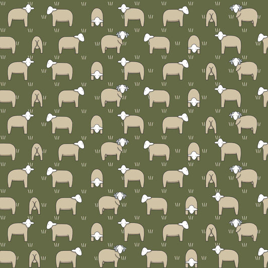 Sheep on Dark Olive by Red Tractor Designs (sold in 25cm increments)