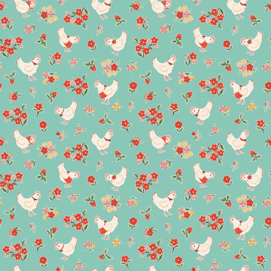 Farmhouse Fancy Spring Chickens Teal FH25960 by Elea Lutz for Poppie Cotton (sold in 25cm increments)