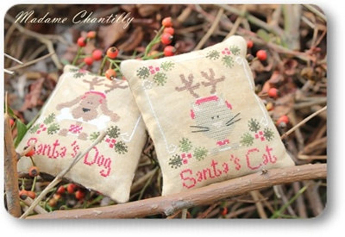 Santa's Cat and Dog Cross Stitch Pattern by Madame Chantilly