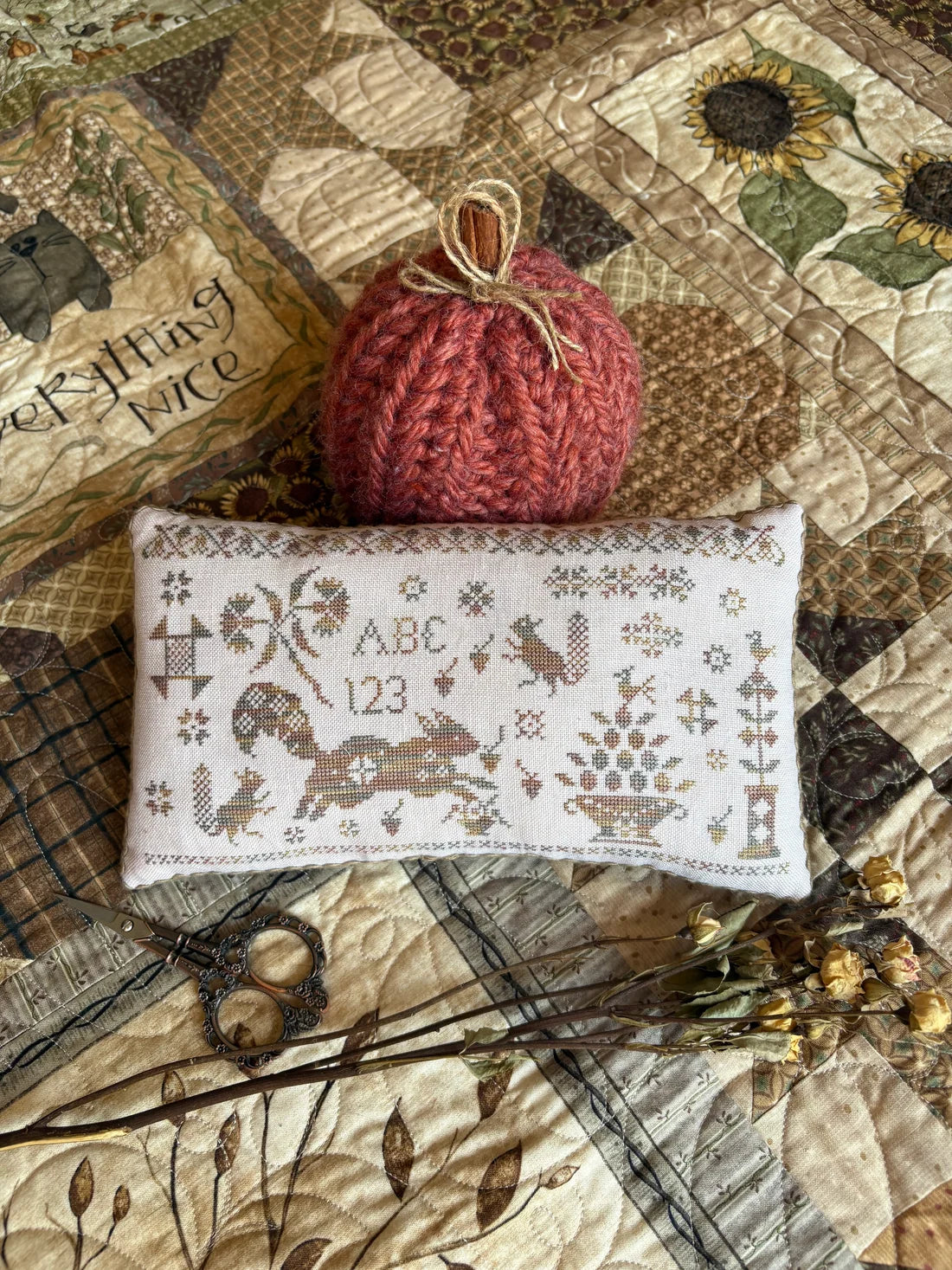 Sassy Squirrel Pinkeep Cross Stitch Pattern Pansy Patch Quilts and Stitchery
