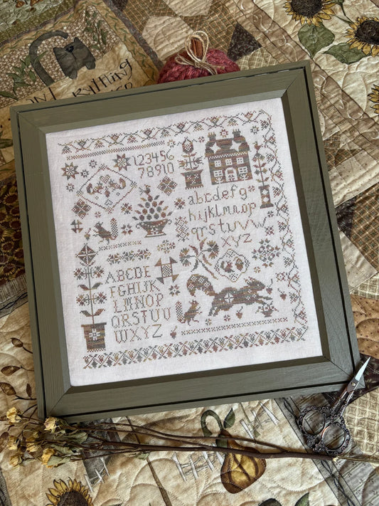 Sassy Squirrel Sampler Cross Stitch Pattern Pansy Patch Quilts and Stitchery