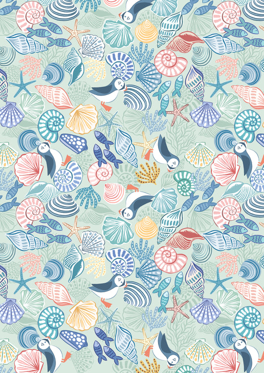 Seas The Day Puffins and Shells L3B by Lewis & Irene (sold in 25cm increments)