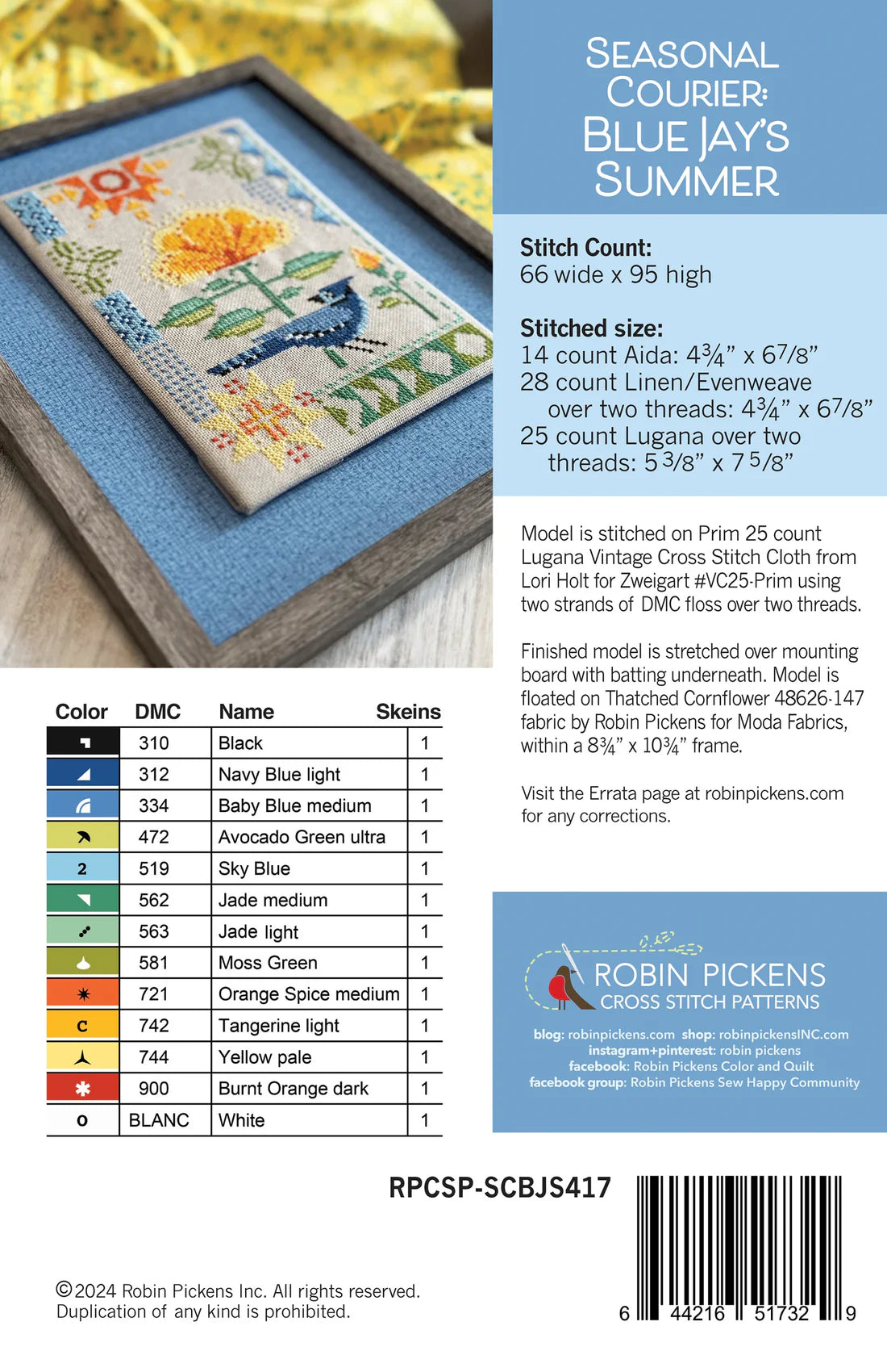 Courier Duos: Summer Blue Jays Cross Stitch Pattern by Robin Pickens