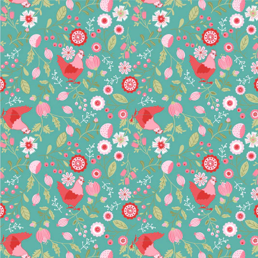 Smitten Chicken Smitten Chicken Aqua SN251120 by Lori Woods for Poppie Cotton (sold in 25cm increments)