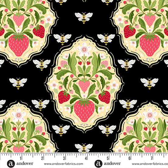 Strawberry Honey Black Medallion A1154K by Andover Fabrics (sold in 25cm increments)