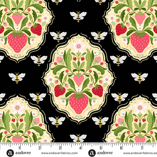 Strawberry Honey Black Medallion A1154K by Andover Fabrics (sold in 25cm increments)