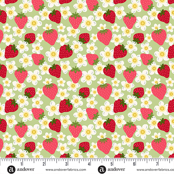 Strawberry Honey Green Berry Flower A1155G by Andover Fabrics (sold in 25cm increments)