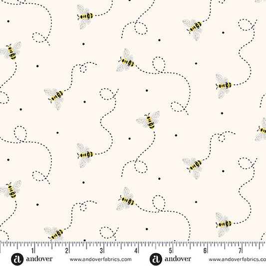 Strawberry Honey White Flying Bees A1157L by Andover Fabrics (sold in 25cm increments)