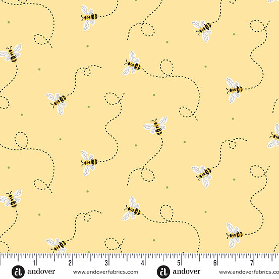 Strawberry Honey Yellow Flying Bees A1157Y by Andover Fabrics (sold in 25cm increments)