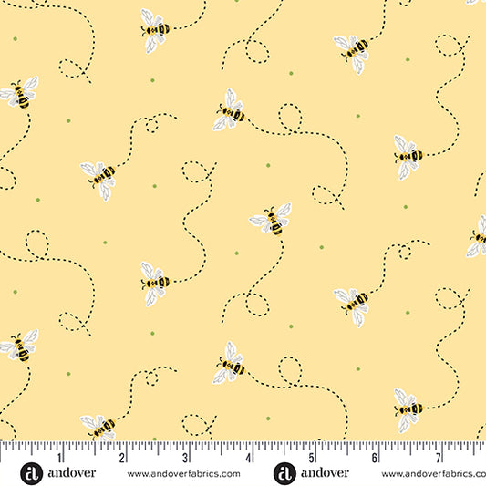 Strawberry Honey Yellow Flying Bees A1157Y by Andover Fabrics (sold in 25cm increments)