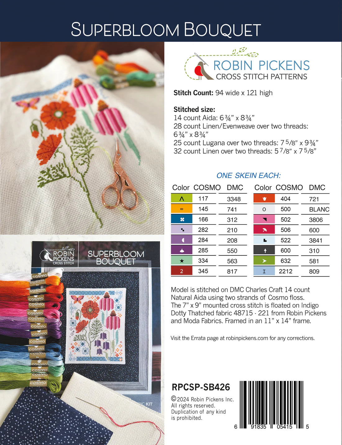 Superbloom Bouquet Cross Stitch Pattern by Robin Pickens for Moda Fabrics
