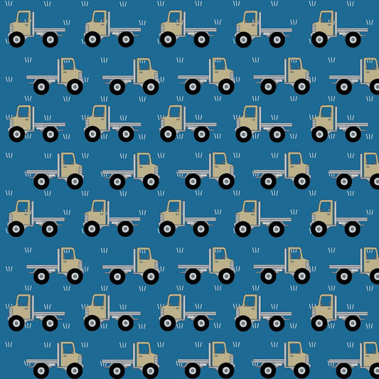 Trucks on Blue by Red Tractor Designs (sold in 25cm increments)