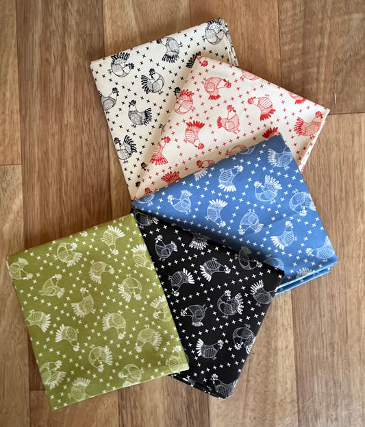 The Henhouse Chicken Cross Stitch Fat Quarter Bundle by Gingiber for Moda Fabrics