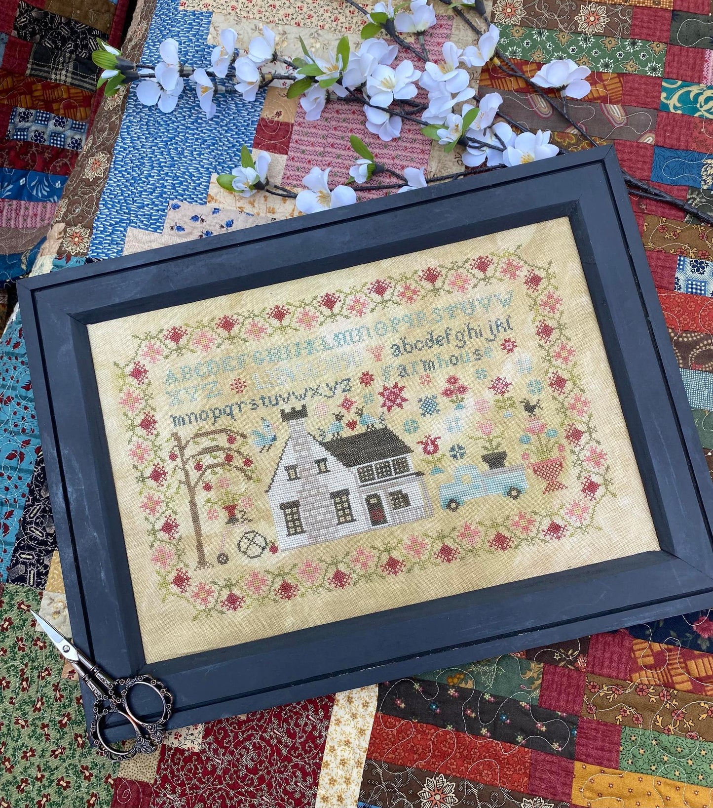 Vintage Farmhouse Sampler Cross Stitch Pattern Pansy Patch Quilts and Stitchery