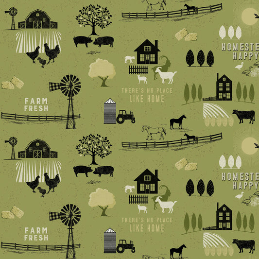 Homesteading Toile Olive Y4604-24 by Dan Dipaolo for Clothworks Fabrics (sold in 25cm increments)