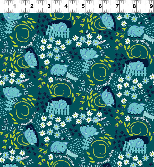 Little Boy Blue Lazy Pigs Teal Y4639-104 by Meags and Me for Clothworks Fabrics (sold in 25cm increments)