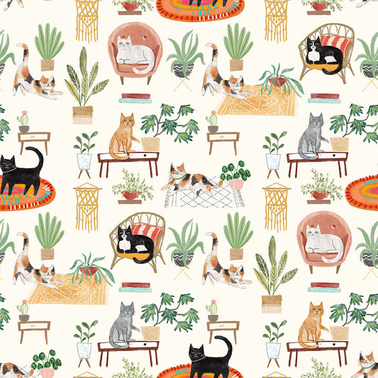 Homebodies Digital House Cats Lt Cream Y4665-2 by Mary Urban for Clothworks Fabrics (sold in 25cm increments)