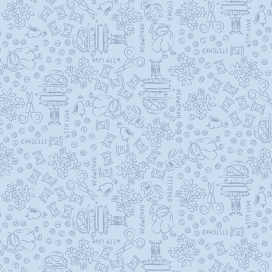 Shop Hop Line Art Light Denim Y4797-87 by Meags and Me for Clothworks Fabrics (sold in 25cm increments)