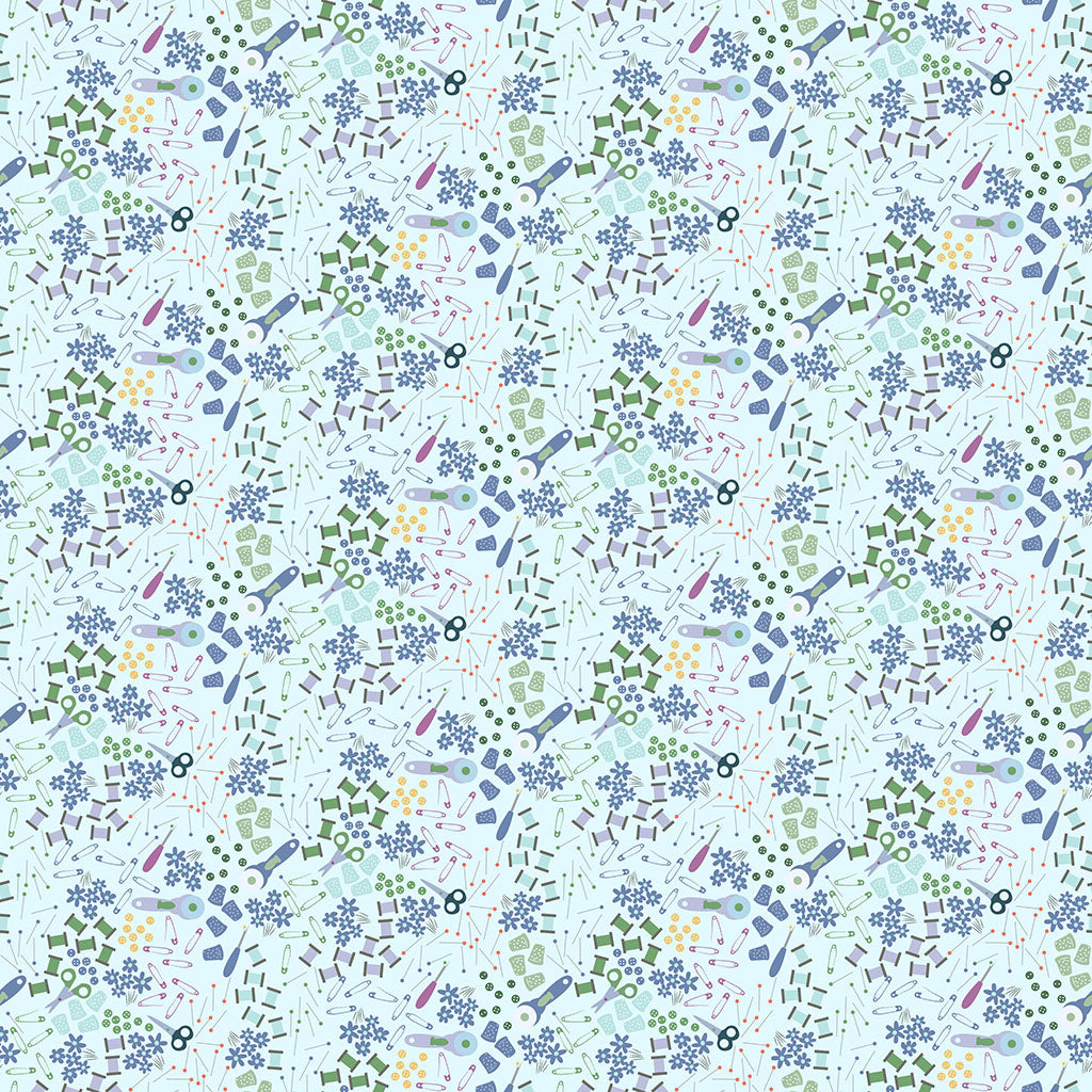 Shop Hop Notions Pale Blue Y4798-136 by Meags and Me for Clothworks Fabrics (sold in 25cm increments)