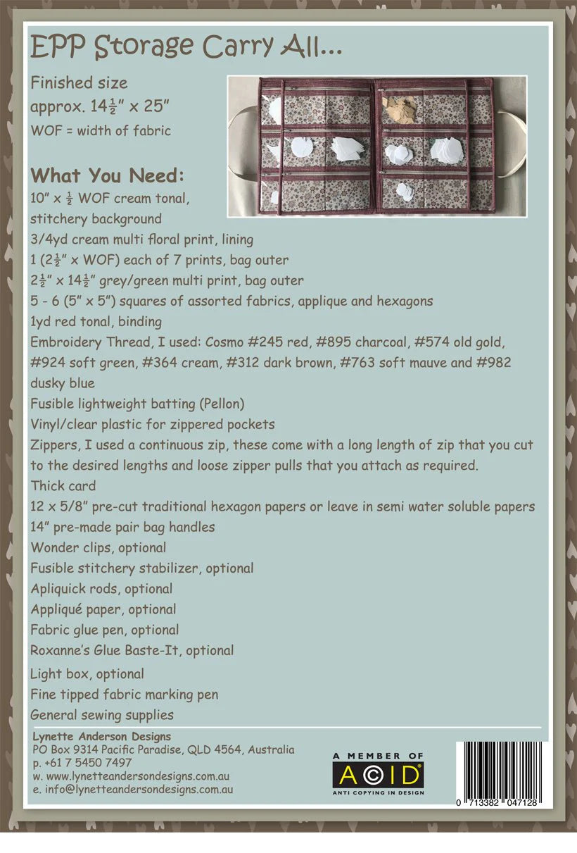 EPP Storage Carry All Embroidery Pattern by Lynette Anderson