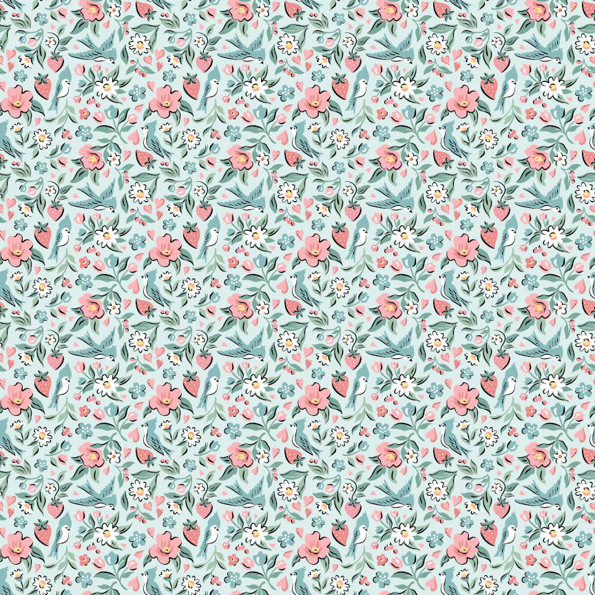 Granny's Sewing Room Bluebirds and Berries Blue GS25902 by Sheri McCulley for Poppie Cotton (sold in 25cm increments)