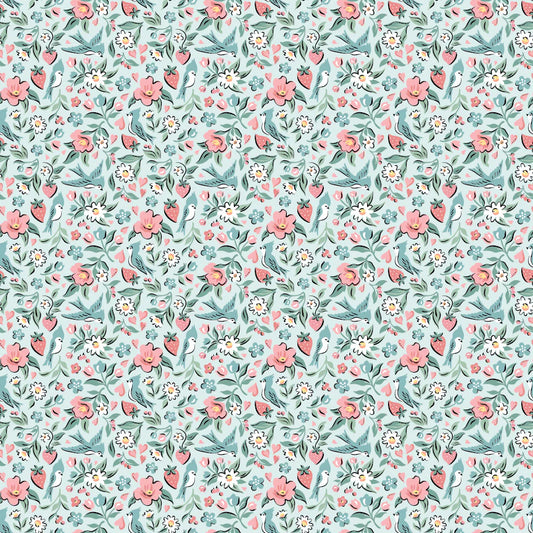 Granny's Sewing Room Bluebirds and Berries Blue GS25902 by Sheri McCulley for Poppie Cotton (sold in 25cm increments)