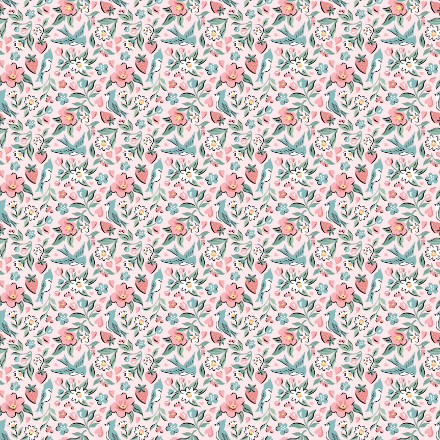 Granny's Sewing Room Bluebirds and Berries Pink GS25903 by Sheri McCulley for Poppie Cotton (sold in 25cm increments)