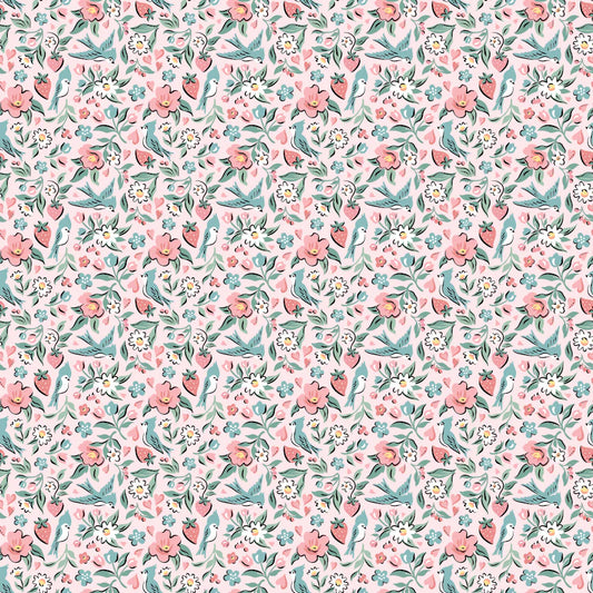 Granny's Sewing Room Bluebirds and Berries Pink GS25903 by Sheri McCulley for Poppie Cotton (sold in 25cm increments)