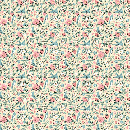 Granny's Sewing Room Bluebirds and Berries Yellow GS25901 by Sheri McCulley for Poppie Cotton (sold in 25cm increments)
