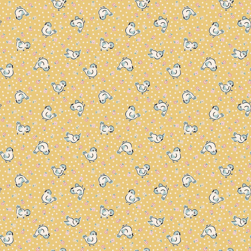 Home Sweet Home Bluebirds Yellow VR24452 by Elea Lutz for Poppie Cotton (sold in 25cm increments)