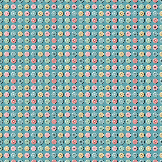 Granny's Sewing Room Button Collection Blue GS25908 by Sheri McCulley for Poppie Cotton (sold in 25cm increments)