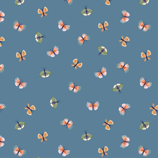 Hide and Seek Butterflies Blue by Kenzie Elston for Poppie Cotton Fabrics (sold in 25cm increments)