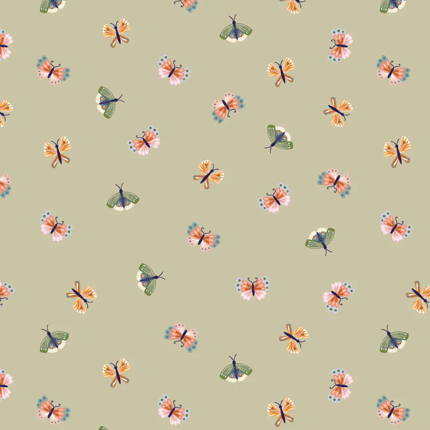 Hide and Seek Butterflies Green by Kenzie Elston for Poppie Cotton Fabrics (sold in 25cm increments)