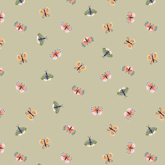 Hide and Seek Butterflies Green by Kenzie Elston for Poppie Cotton Fabrics (sold in 25cm increments)