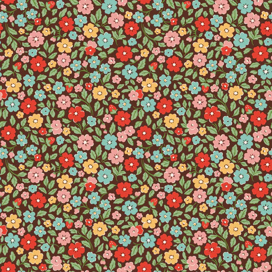 Farmhouse Fancy Country Flowers Brown FH25951 by Elea Lutz for Poppie Cotton (sold in 25cm increments)