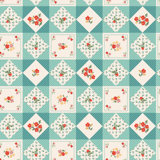 Farmhouse Fancy Farm Quilts Teal FH25963 by Elea Lutz for Poppie Cotton (sold in 25cm increments)