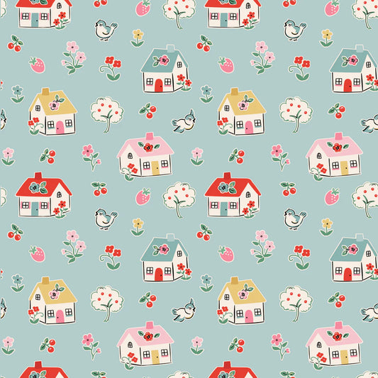 Home Sweet Home Happy Home Blue VR24458 by Elea Lutz for Poppie Cotton (sold in 25cm increments)