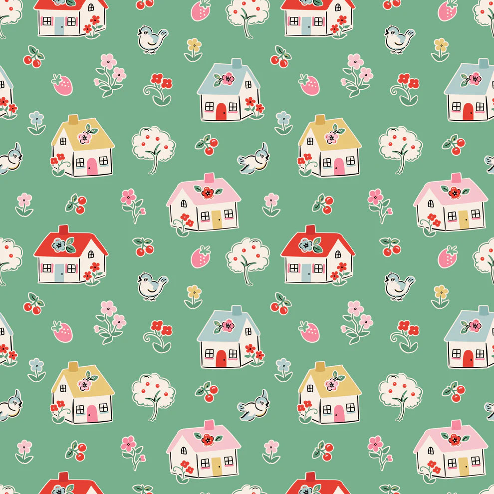 Home Sweet Home Happy Home Green VR24457 by Elea Lutz for Poppie Cotton (sold in 25cm increments)