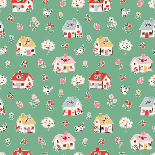 Home Sweet Home Happy Home Green VR24457 by Elea Lutz for Poppie Cotton (sold in 25cm increments)