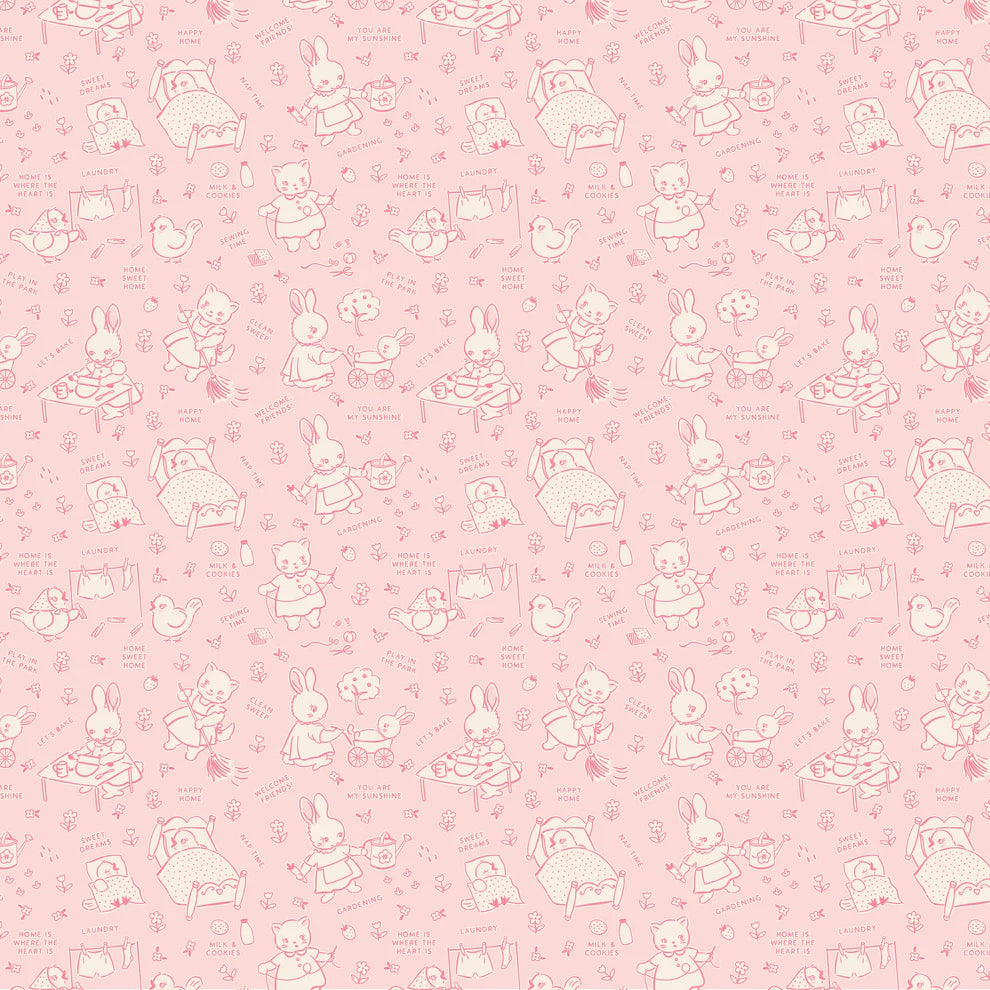 Home Sweet Home Chore Time Pink VR24461 by Elea Lutz for Poppie Cotton (sold in 25cm increments)