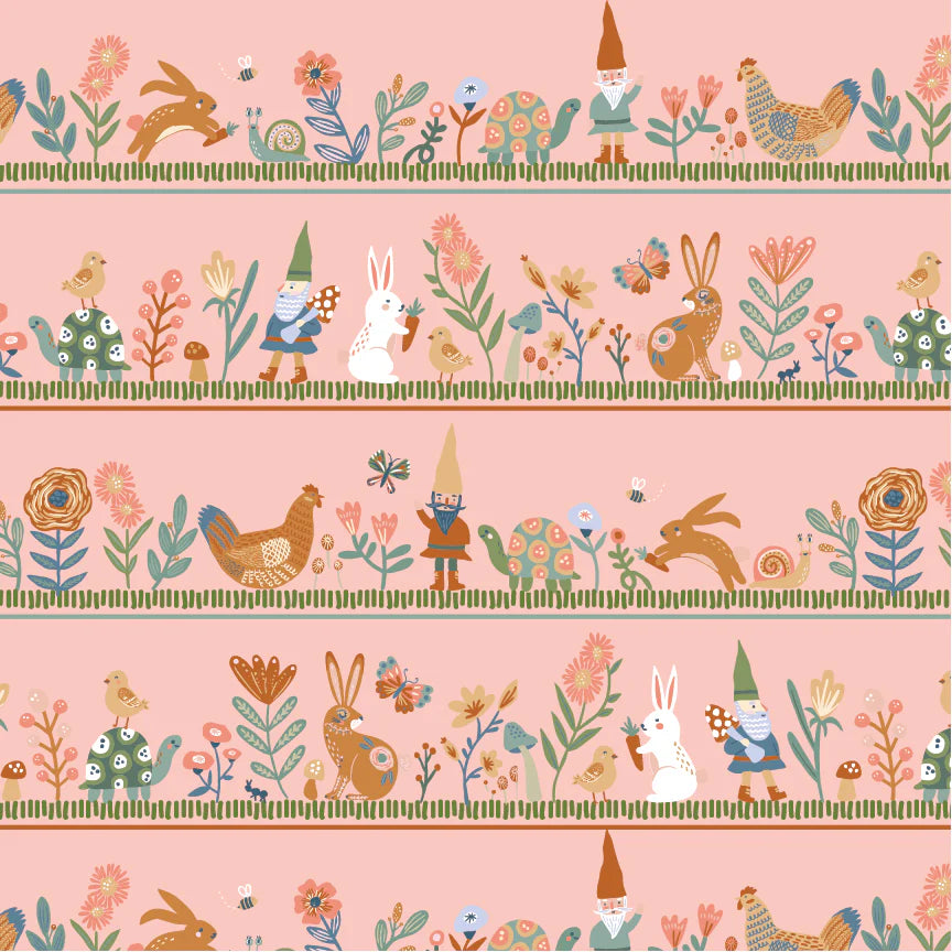 Hide and Seek Honey I'm Gnome Pink by Kenzie Elston for Poppie Cotton Fabrics (sold in 25cm increments)