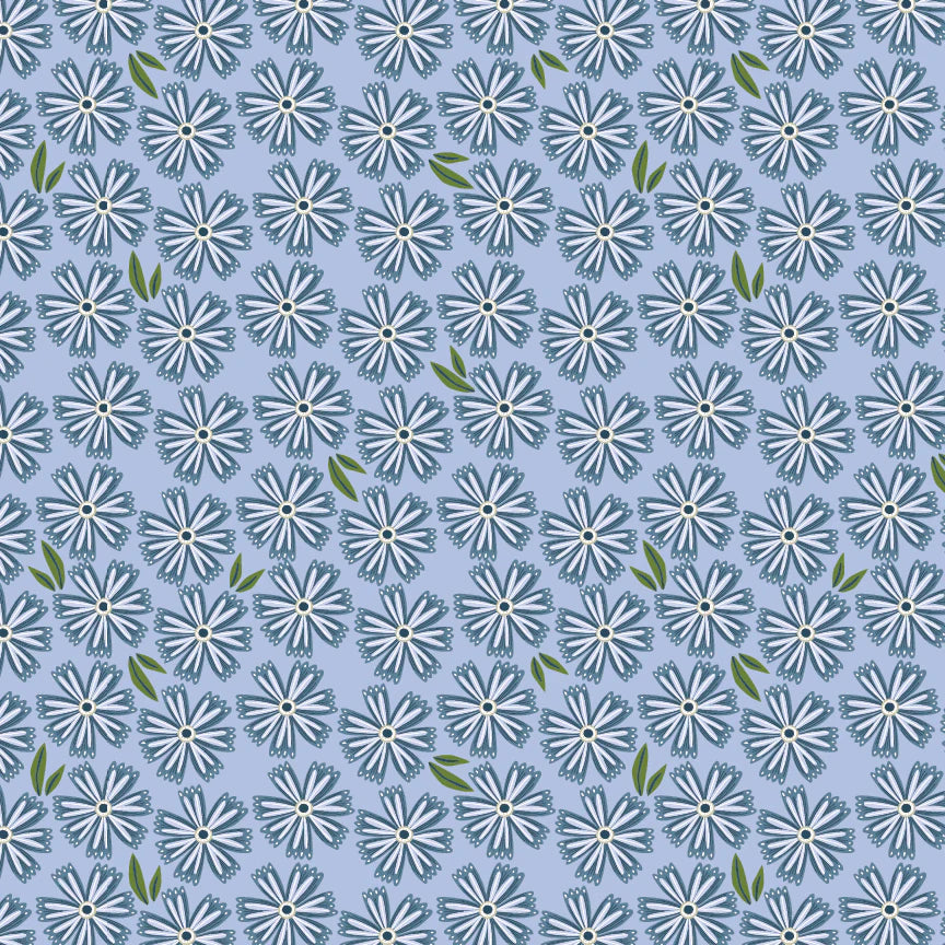 Hide and Seek Painted Daisies Blue by Kenzie Elston for Poppie Cotton Fabrics (sold in 25cm increments)