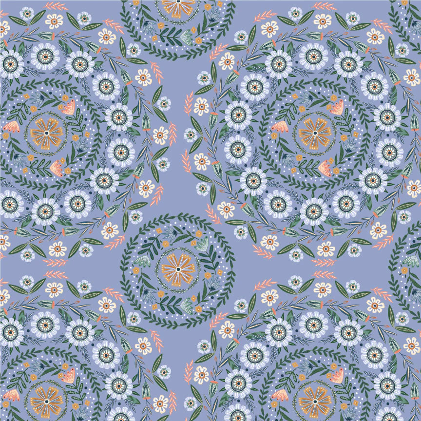 Hide and Seek Round-a-bout Blue by Kenzie Elston for Poppie Cotton Fabrics (sold in 25cm increments)