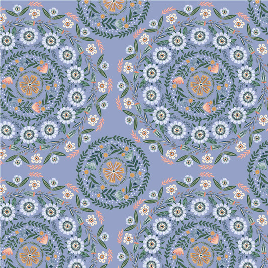 Hide and Seek Round-a-bout Blue by Kenzie Elston for Poppie Cotton Fabrics (sold in 25cm increments)