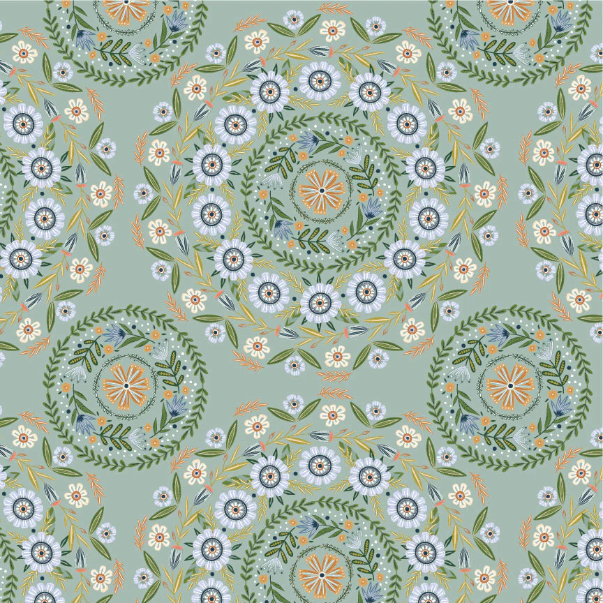 Hide and Seek Round-a-bout Green by Kenzie Elston for Poppie Cotton Fabrics (sold in 25cm increments)