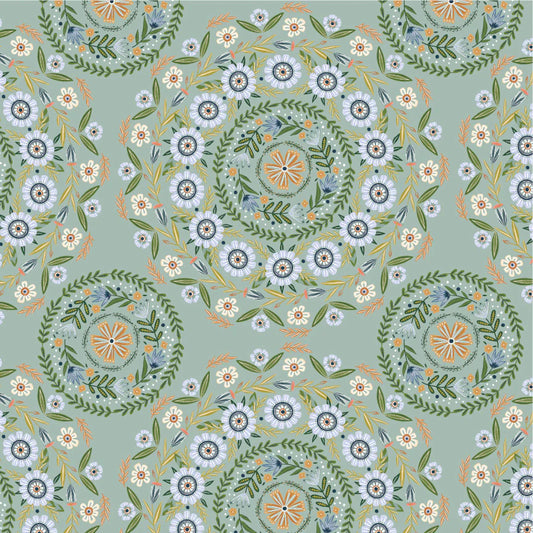 Hide and Seek Round-a-bout Green by Kenzie Elston for Poppie Cotton Fabrics (sold in 25cm increments)